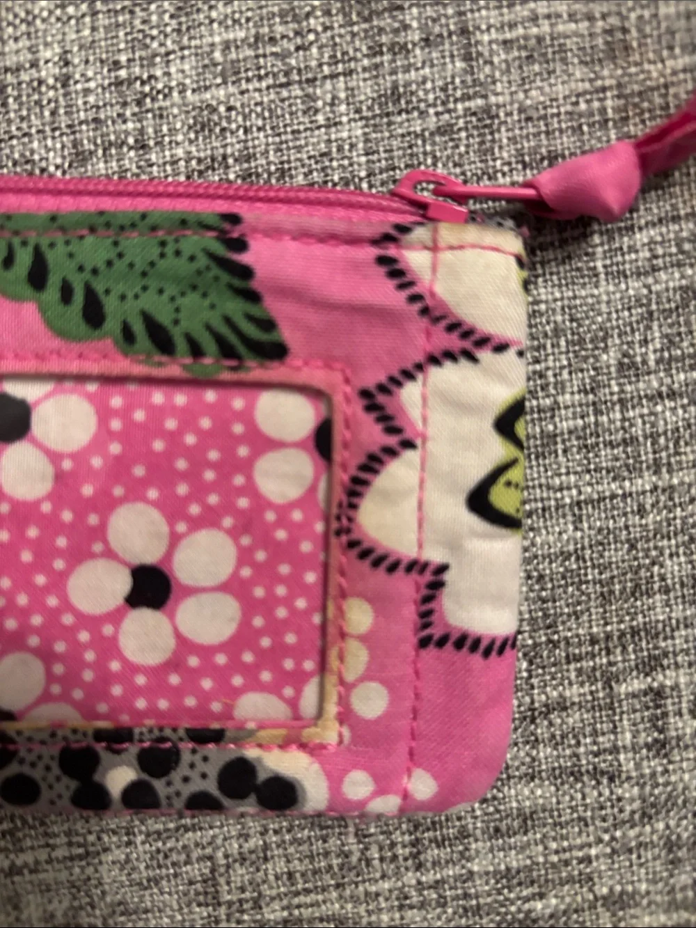 Vera Bradley Pink Floral Zip Card Case with Green Leaf Accents